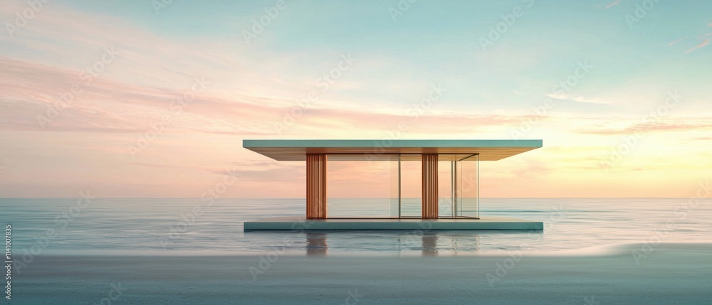 Poster small wooden structure on a small island in the middle of the ocean. the structure is rectangular in