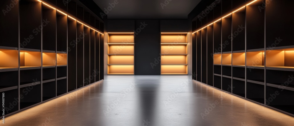 Poster long, empty room with rows of black bookshelves on either side. the shelves are arranged in a grid-l
