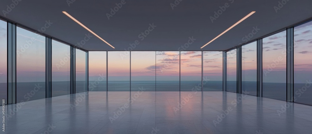 Poster empty room with large windows that offer a beautiful view of the ocean. the room has a high ceiling 