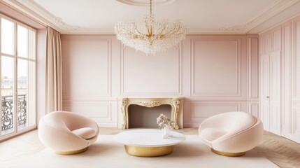 Elegant Modern Living Room with Soft Pink Walls and Chic Furniture