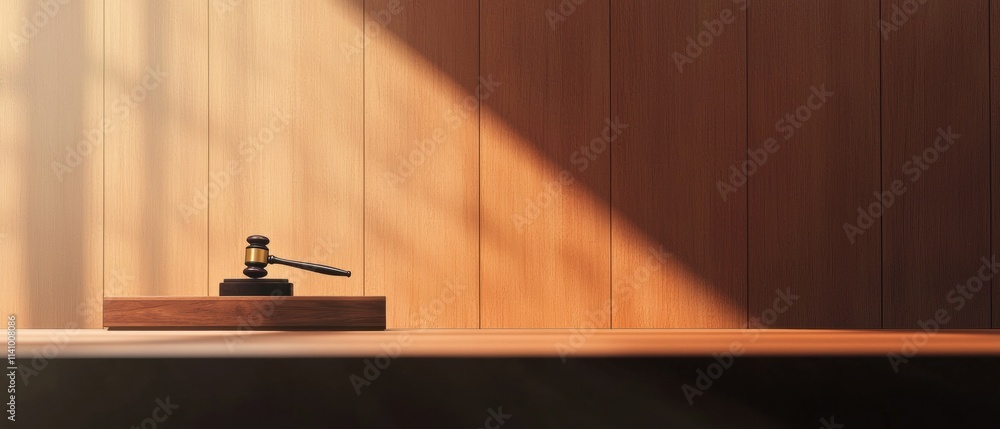 Poster wooden gavel resting on a wooden block on a table. the gavel is black and gold in color and is posit