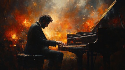 Man plays piano amidst fiery, abstract background.