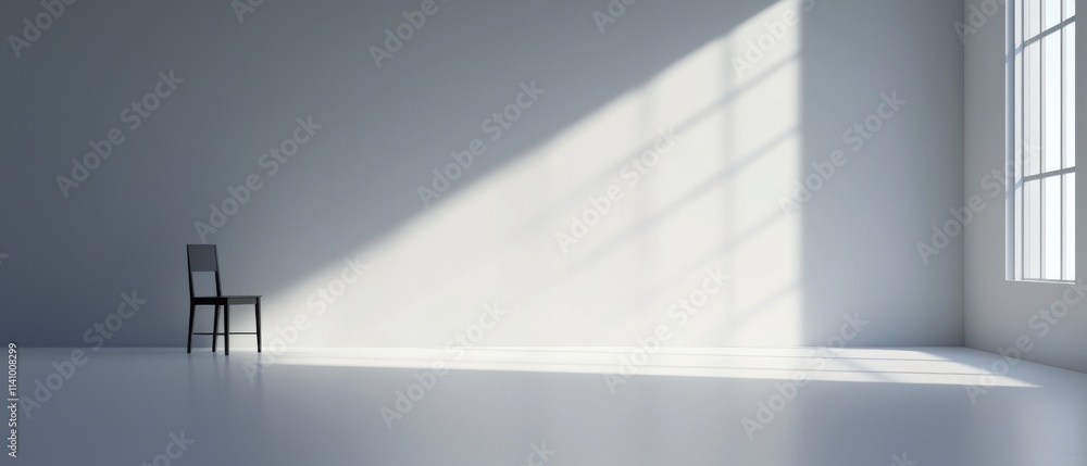 Poster empty room with a large window on the right side. the room has a white floor and walls, and the wind