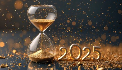 A Glittering Glass Hourglass With Golden Sand Flowing Towards A 2025 Inscription