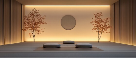 Modern and minimalist interior design of a room with a tatami mat on the floor. the walls are painted in a light beige color and there is a large oval-shaped light fixture in the center of the room.