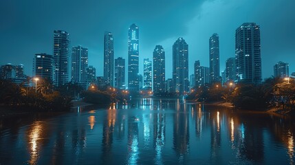 Fototapeta premium A serene urban skyline reflected in water during twilight, showcasing modern architecture.