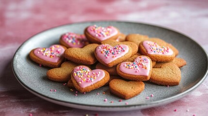 Pink Iced Heart Shaped Cookies On A Plate