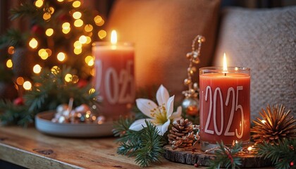 A Cozy New Year Scene Featuring A Lit Candle With 2025 Etched On Its Glass Holder, Surrounded By Festive Decorations