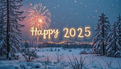 A Snow-Covered Landscape With Fireworks In The Distance And “Happy 2025” Written In Frost On A Windowpane