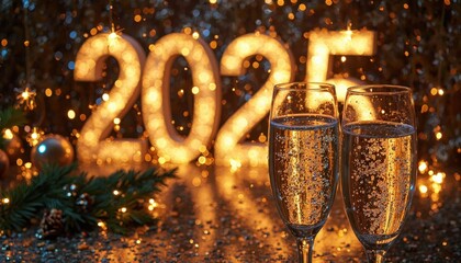 A Detailed Close-Up Of Champagne Glasses Clinking Against A Backdrop Of 2025 Sparkling In The Background