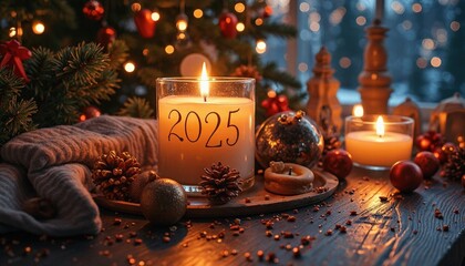 A Cozy New Year Scene Featuring A Lit Candle With 2025 Etched On Its Glass Holder, Surrounded By Festive Decorations