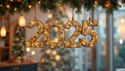  A Golden Number 2025 Hanging From A Festive Garland Against A Softly Lit Background