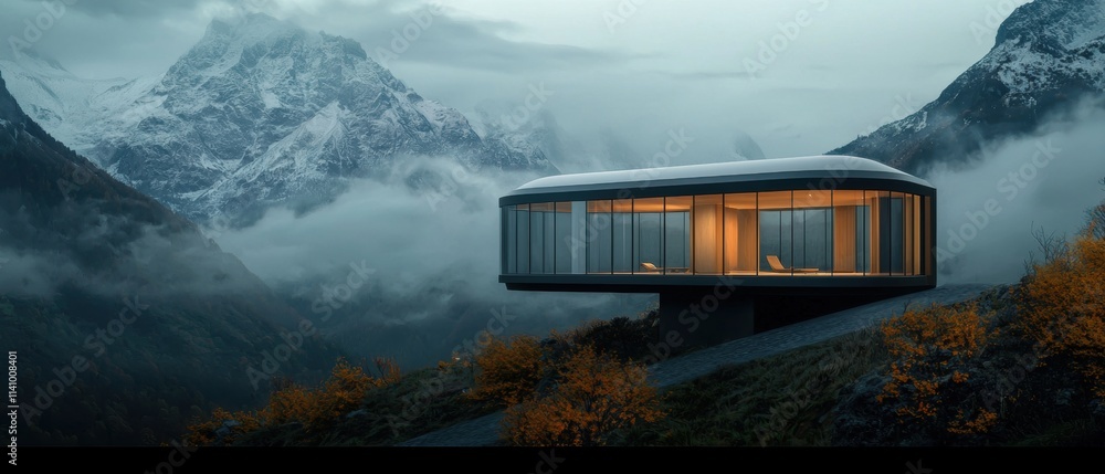 Poster modern house on a cliff overlooking a mountain range. the house is a small, circular structure with 