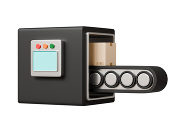 Fototapeta premium 3D Conveyor belt roller with cardboard or parcel box icon isolated on transparent background Minimal Cartoon Empty conveyor belt icon. Logistics manufacturing and Factory industrial Concept. 3d render