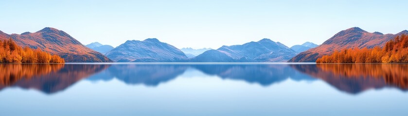 Fototapeta premium tranquil lake reflecting mountains and autumn foliage creates serene landscape