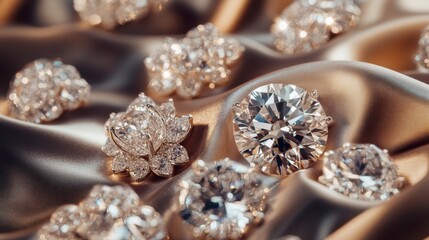 Fototapeta premium Sparkling Diamonds and Elegant Jewelry on Luxurious Satin Fabric