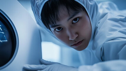 半導体工場の長い廊下と夜間照明の静寂な風景