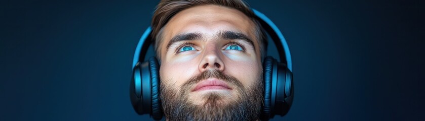 Focused young man with headphones enjoying music