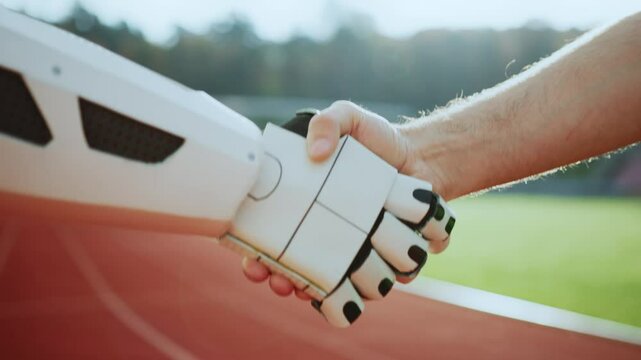 Close-up footage of robot and human shaking hands in sunlight on blurred background of stadium. Summertime. Abilities. Modern technologies. Artificial intelligence concept. Outdoors