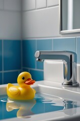 a yellow rubber duck floats in a sink filled with water