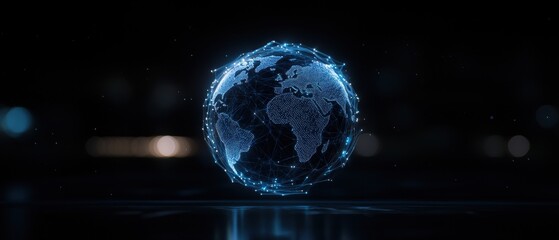 Digital illustration of a globe in the center of a dark background. the globe is made up of a series of interconnected lines and dots, creating a network-like pattern around it.