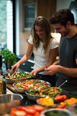 Couple enjoying cooking together while preparing fresh salads in a modern kitchen during a sunny afternoon. Generative AI