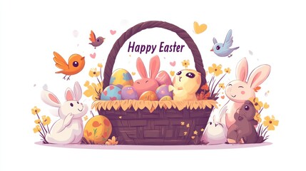 Adorable Easter Bunnies and Eggs in a Basket