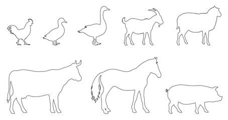 Farm Animal Livestock Outline Stamp Clipart Set on a Transparent Background, Including Horse, Cow, Pig, Goat, Sheep, Chicken, Duck and Goose