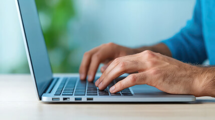 Close up of office worker typing on laptop, focused and engaged