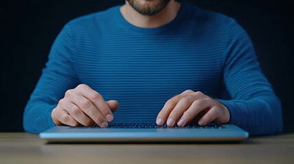 close up of office worker typing on laptop, showcasing focused hands and modern workspace