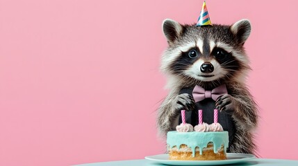 Funny raccoon in tiny suit with bow tie celebrates birthday with cake and candles on a pink background