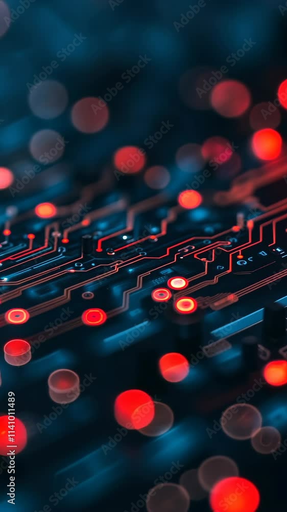 Poster intricate close-up view of a circuit board with illuminated components at night