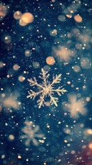 Sparkling snowflakes fall gently against a dark blue winter sky, creating a magical atmosphere during a snowy evening