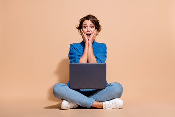 Full body photo of young software engineer lady surprised when receive task in last minute worktime...