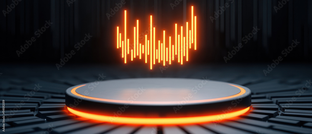 Poster close up of glowing sound wave graphic above circular platform, creating modern and dynamic atmosphe