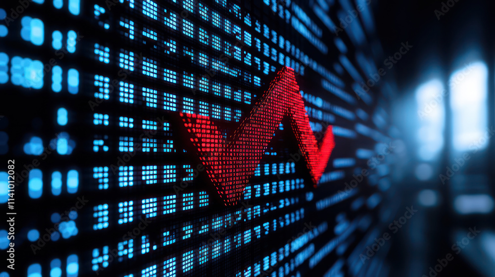 Poster close up of real time stock prices with red upward trend line displayed digital screen, symbolizing 