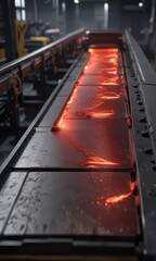 Glowing red-hot steel moving on conveyor belt, industry, high temperature