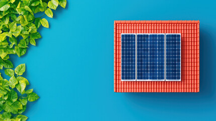 vibrant rooftop with solar panels surrounded by green leaves, showcasing renewable energy