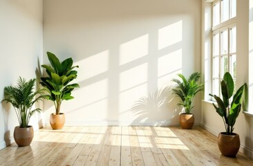 A bright modern room featuring soft wooden flooring and a large potted plant, with greenery visible outside, creating a peaceful and refreshing interior setting 