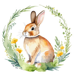 Watercolor hand drawn painting of a frame or card for the holiday Easter with a spring flowers, grass and bunny. Vector illustration for poster, postcard, banner. Cute happy easter print design.