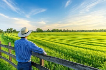 Fototapeta premium Farmer in a straw hat and striped shirt gazing over a vast green field with clear blue skies at sunset.
