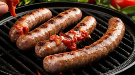 Grilling sausages with sauce on a barbecue at a summer gathering in the backyard during the evening