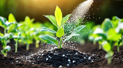 Close-up of a young plant being fertilized with granules, symbolizing growth and sustainable farming.