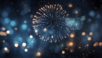 Colorful blue fireworks burst in the night sky, creating a stunning bokeh effect for New Year's Eve celebrations, shimmering, glowing blurry light background, party invitation, illustration