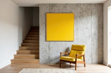 Minimalist home interior design of modern living room. Transitional hallway with yellow artwork on concrete gray wall. Wooden staircase leads up to area, with lounge chair with wooden arms and legs