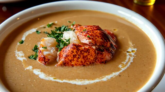 Creamy lobster bisque garnished with fresh herbs served in a white bowl