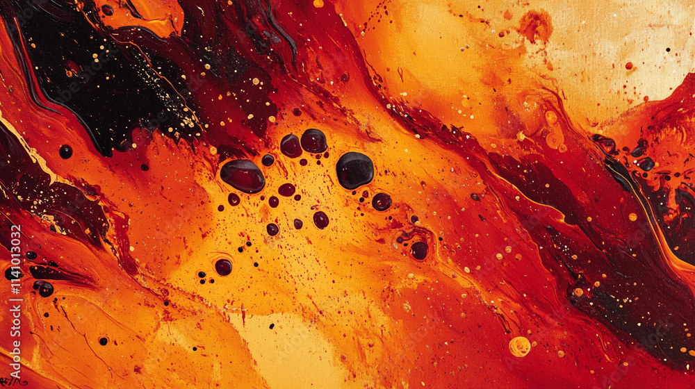 Poster vivid lava texture with red and orange splashes illuminating the surface. generative ai