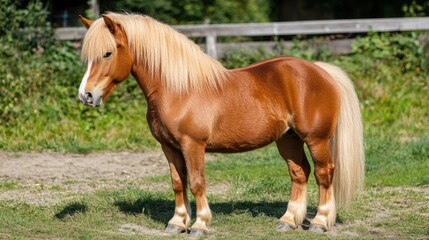 Fototapeta premium Beautiful brown pony standing gracefully in a lush green field on a sunny day