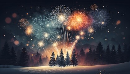 A dazzling array of Happy New Year fireworks illuminates the night sky, yellow bokeh lights over snowy forest and mountains silhouette in the background, colorful style, landscape illustration   