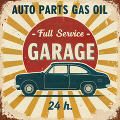 Retro car service sign. Retro poster design template for full service garage. Gas station, motor oil, auto parts and gasoline.